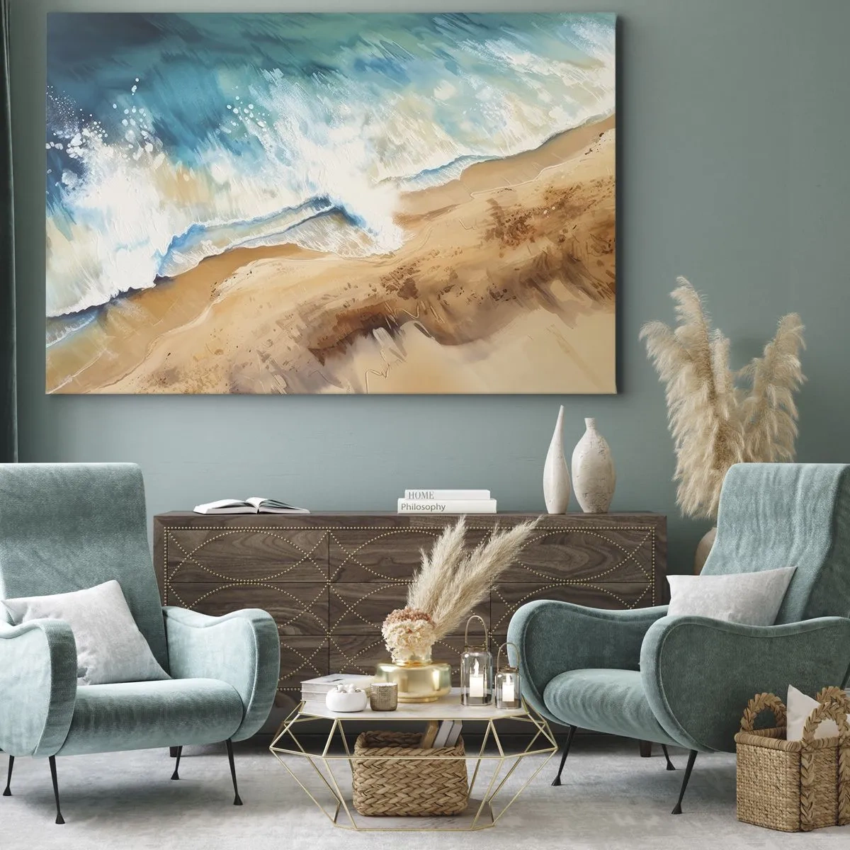 Quadro em tela - Uma onda do mar quebrando contra a costa arenosa - 70x50cm - A onda que retorna - Decoração de parede moderna para a sala de estar e quarto ARTTOR