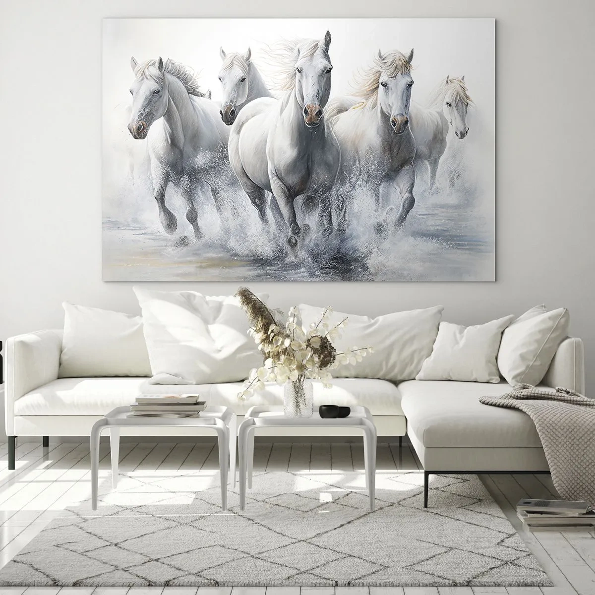 Quadro em vidro - Cavalos brancos galopando pela água em uma composição dinâmica - 70x50cm - Magia branca - Decoração de parede moderna para a sala de estar e quarto ARTTOR