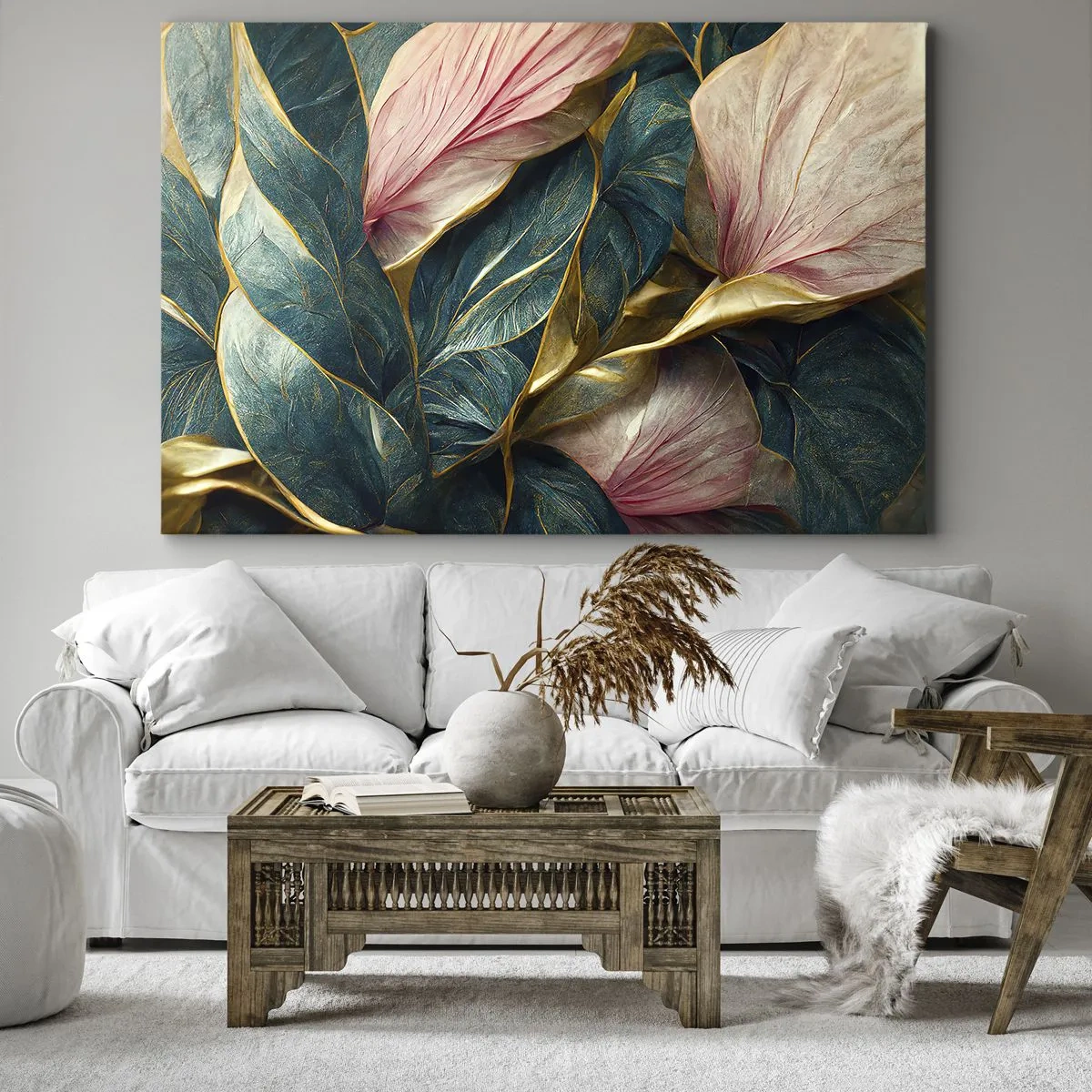 Quadro em tela - Folhas elegantes em verde, dourado e rosa - 70x50cm - Elegância e estilo naturais - Decoração de parede moderna para a sala de estar e quarto ARTTOR