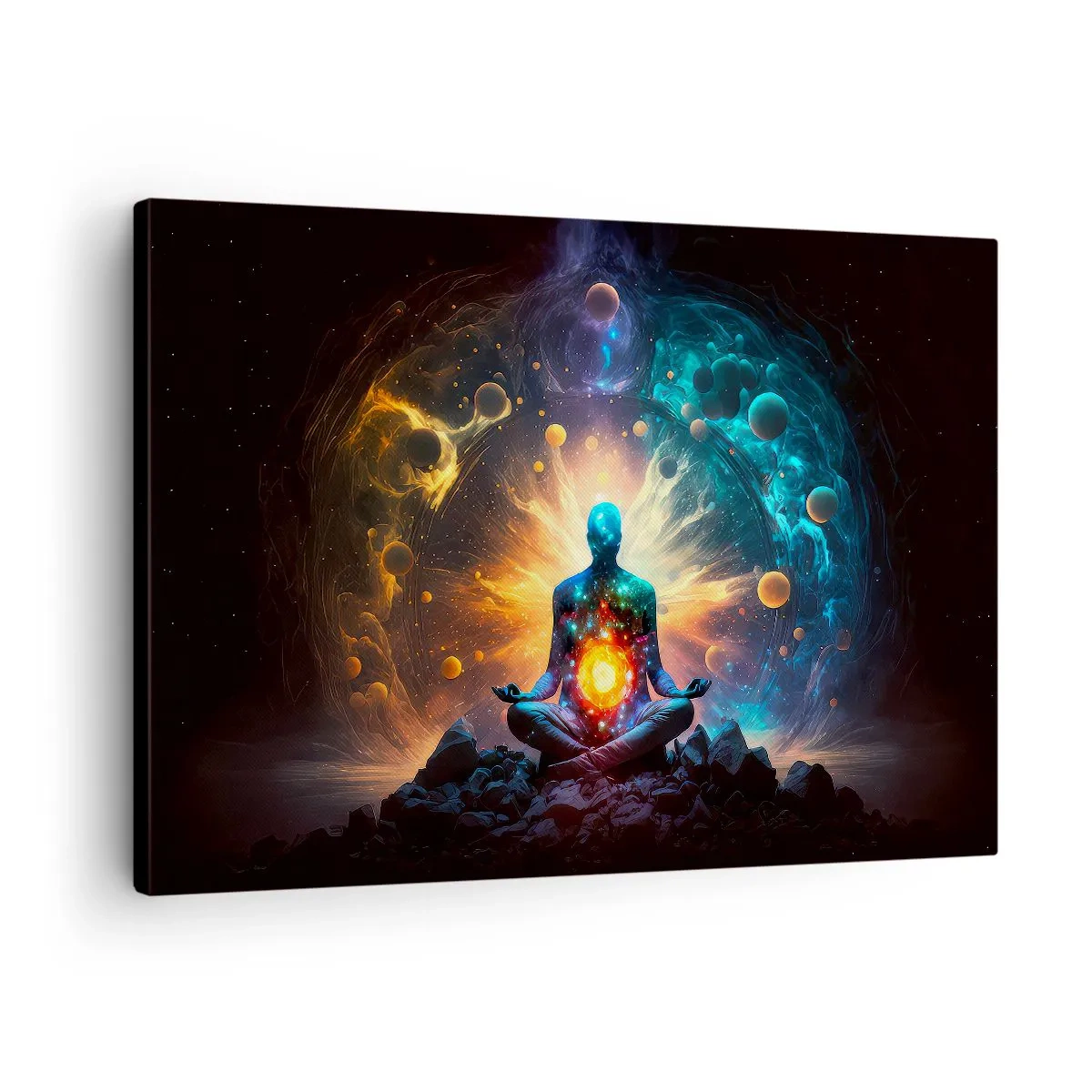 Quadro em tela - Uma figura em meditação cercada por uma aura cósmica - 70x50cm - Paz cósmica - Decoração de parede moderna para a sala de estar e quarto ARTTOR