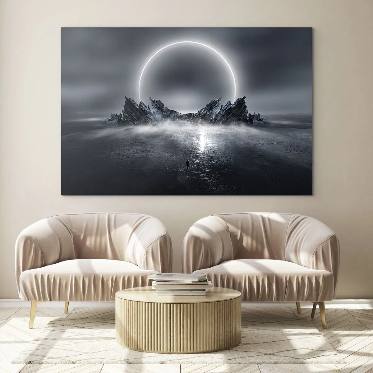 Quadro em vidro - Cena escura com eclipse e ilha rochosa - 70x50cm - O fim da história - Decoração de parede moderna para a sala de estar e quarto ARTTOR