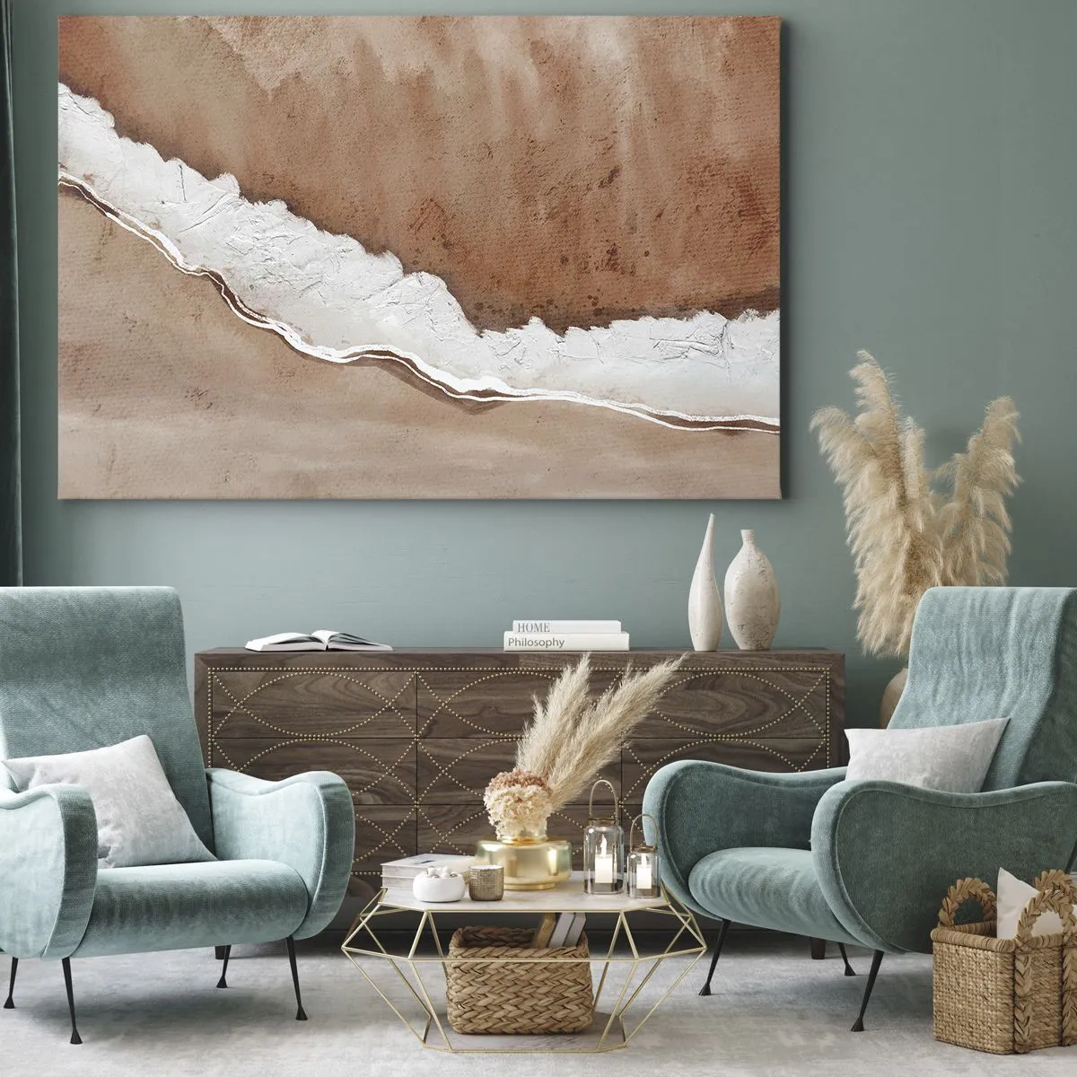 Quadro em tela - Textura de areia com detalhes em branco - 70x50cm - Nas cores da terra - Decoração de parede moderna para a sala de estar e quarto ARTTOR