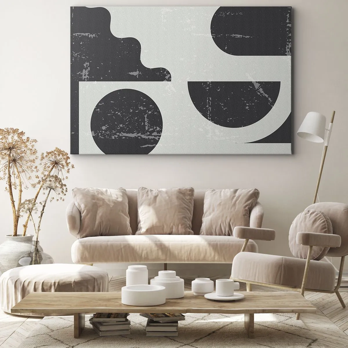 Quadro em tela - Padrões geométricos em tons de preto e cinza - 70x50cm - Composição acima e abaixo - Decoração de parede moderna para a sala de estar e quarto ARTTOR
