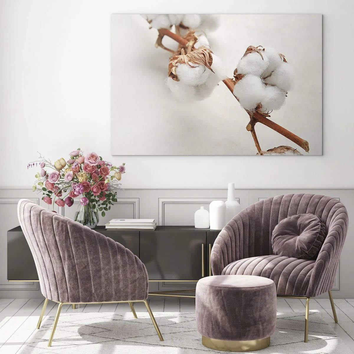 Quadro em vidro - Close-up de um galho de algodão contra um fundo claro - 70x50cm - Apenas acaricie - Decoração de parede moderna para a sala de estar e quarto ARTTOR