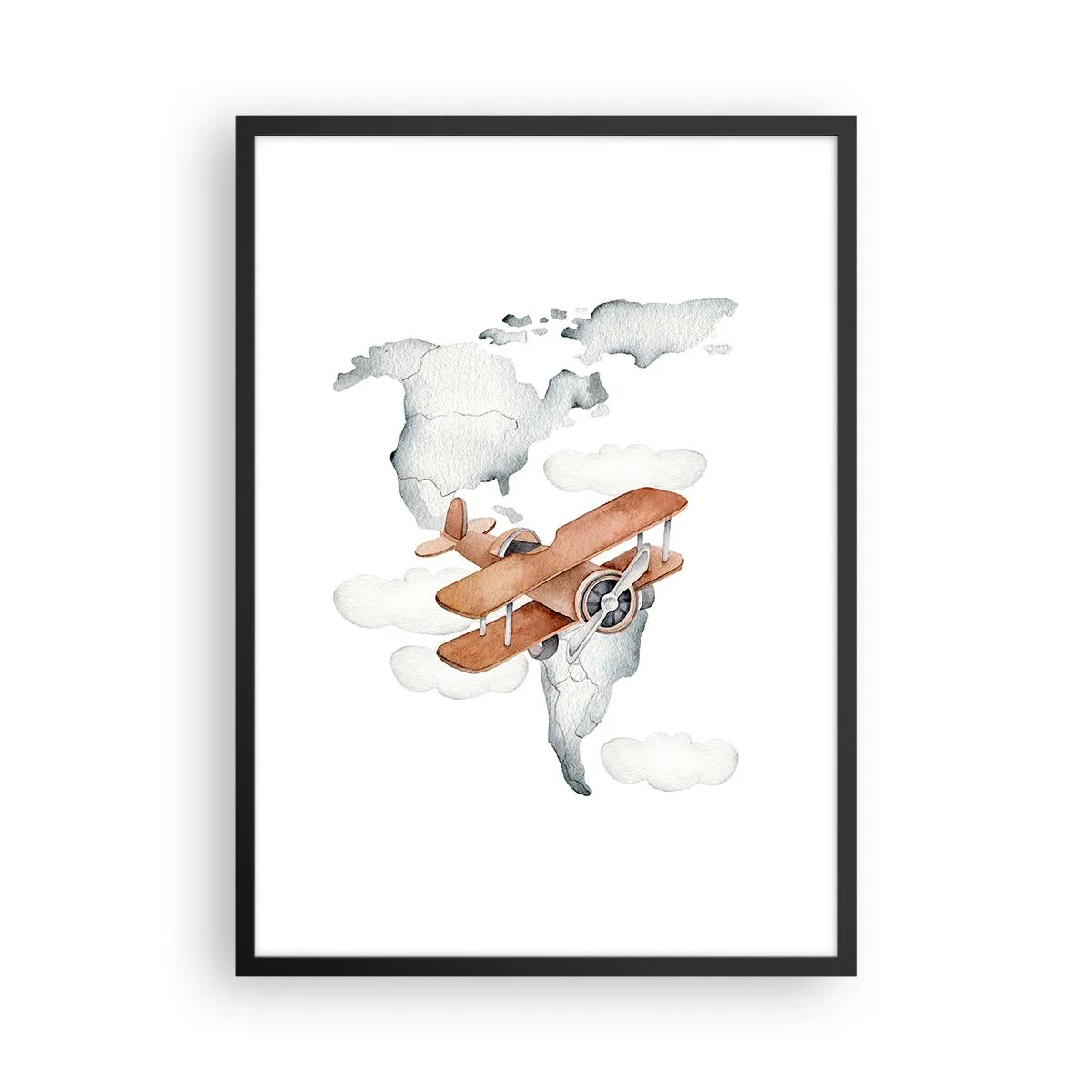 Pôster com moldura preta - Um biplano sobre um mapa-múndi nas nuvens - 50x70cm - Com espírito pioneiro - Decoração de parede moderna para a sala de estar e quarto ARTTOR