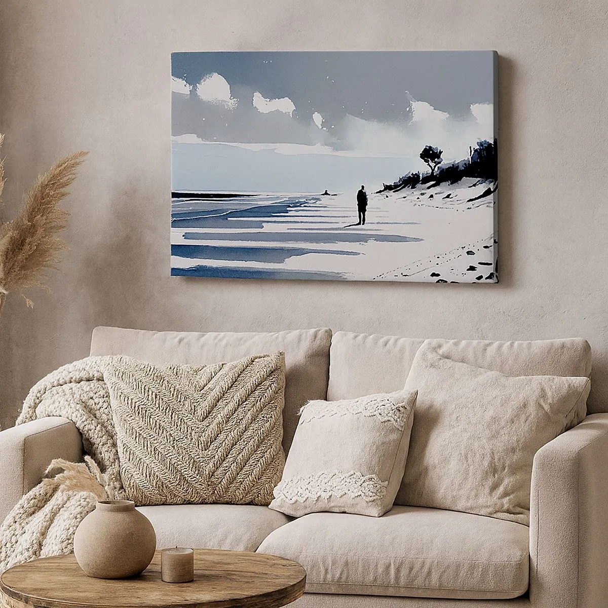 Quadro em tela - Uma figura solitária caminhando em uma praia vazia - 70x50cm - Sozinho - Decoração de parede moderna para a sala de estar e quarto ARTTOR