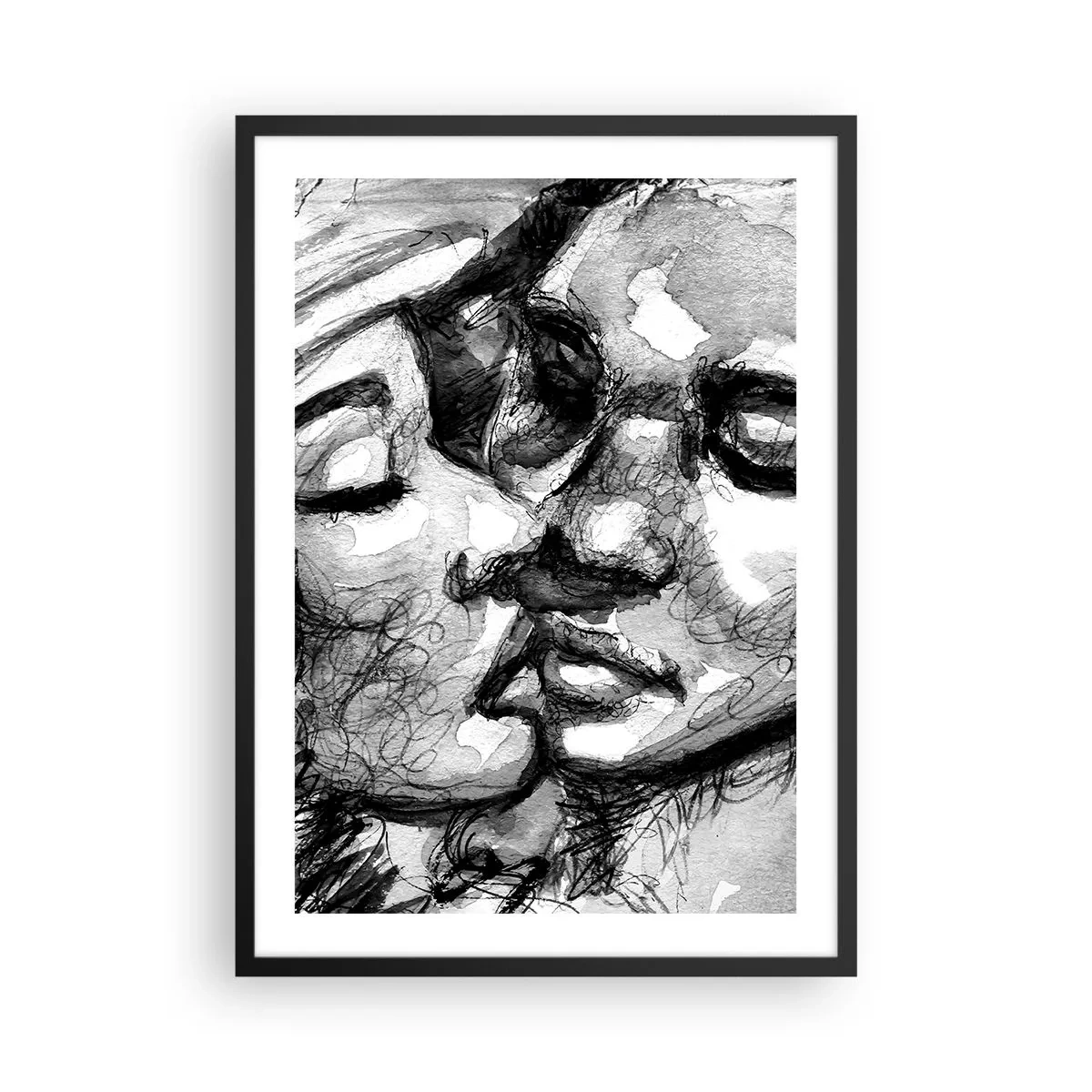 Pôster com moldura preta - Retrato abstrato em preto e branco de um beijo - 50x70cm - Um momento de ternura - Decoração de parede moderna para a sala de estar e quarto ARTTOR