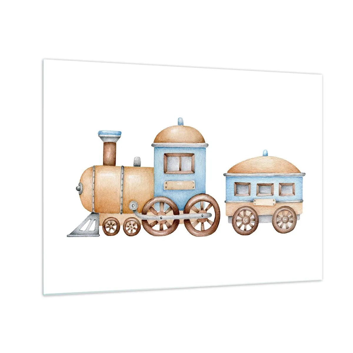 Quadro em vidro - Ilustração de um trem a vapor em tons de azul e bege sobre fundo branco - 70x50cm - Parado na estação... - Decoração de parede moderna para a sala de estar e quarto ARTTOR
