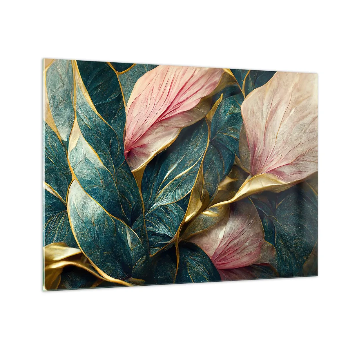 Quadro em vidro - Folhas verdes e rosa com detalhes dourados - 70x50cm - Elegância e estilo naturais - Decoração de parede moderna para a sala de estar e quarto ARTTOR