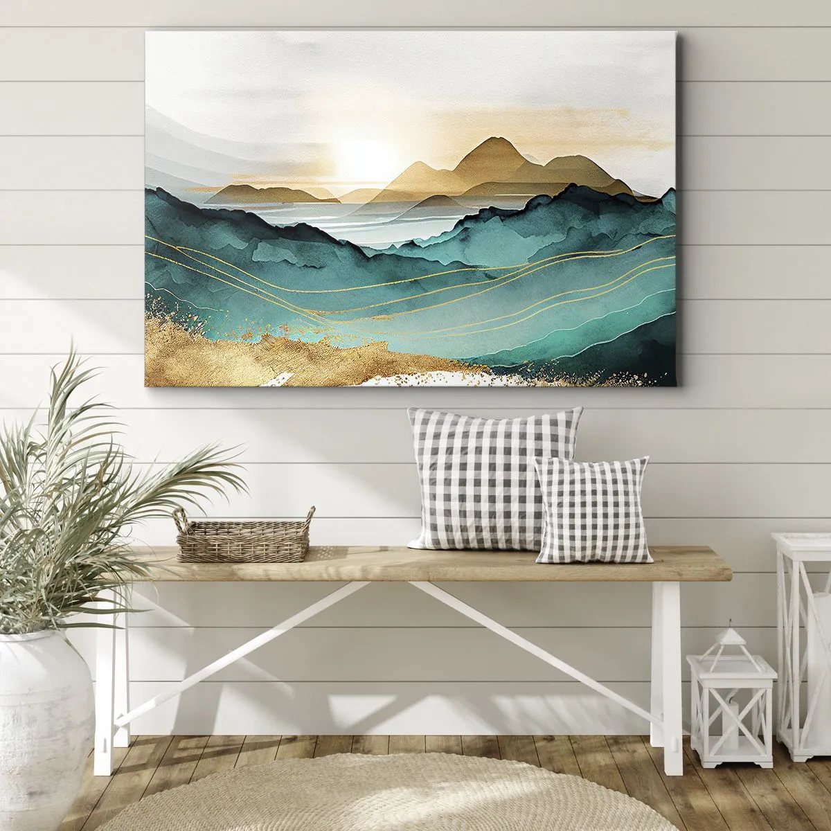 Quadro em tela - Paisagem abstrata com montanhas e detalhes dourados - 70x50cm - À beira da abstração – paisagem - Decoração de parede moderna para a sala de estar e quarto ARTTOR