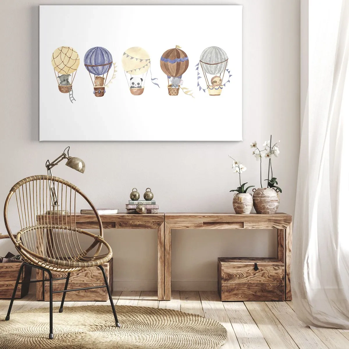 Quadro em tela - Animais fofos em balões sobre fundo branco - 70x50cm - Amigos em movimento - Decoração de parede moderna para a sala de estar e quarto ARTTOR