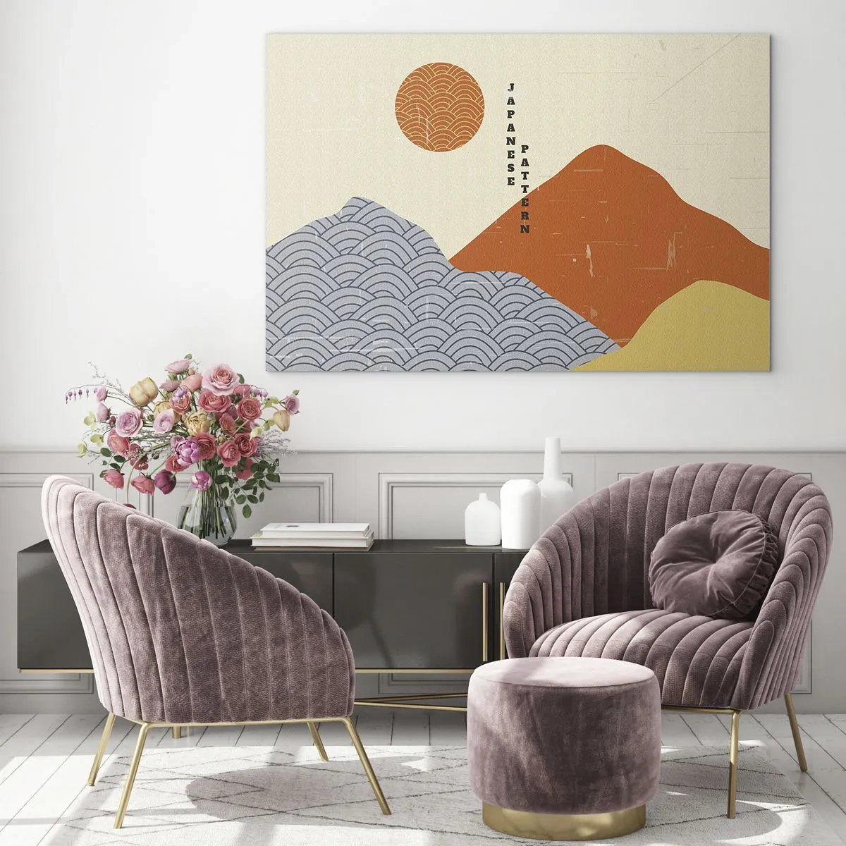 Quadro em vidro - Gráficos com padrões japoneses de montanhas e sol - 70x50cm - No espírito japonês - Decoração de parede moderna para a sala de estar e quarto ARTTOR