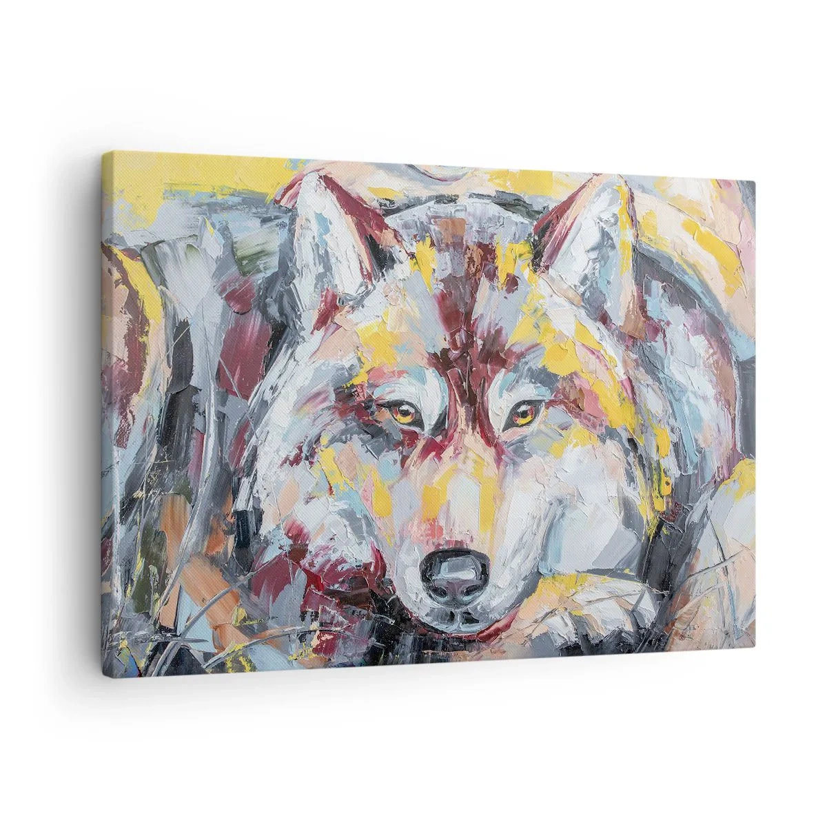 Quadro em tela - Retrato artístico de um lobo em cores intensas - 70x50cm - Paz entre entes queridos - Decoração de parede moderna para a sala de estar e quarto ARTTOR