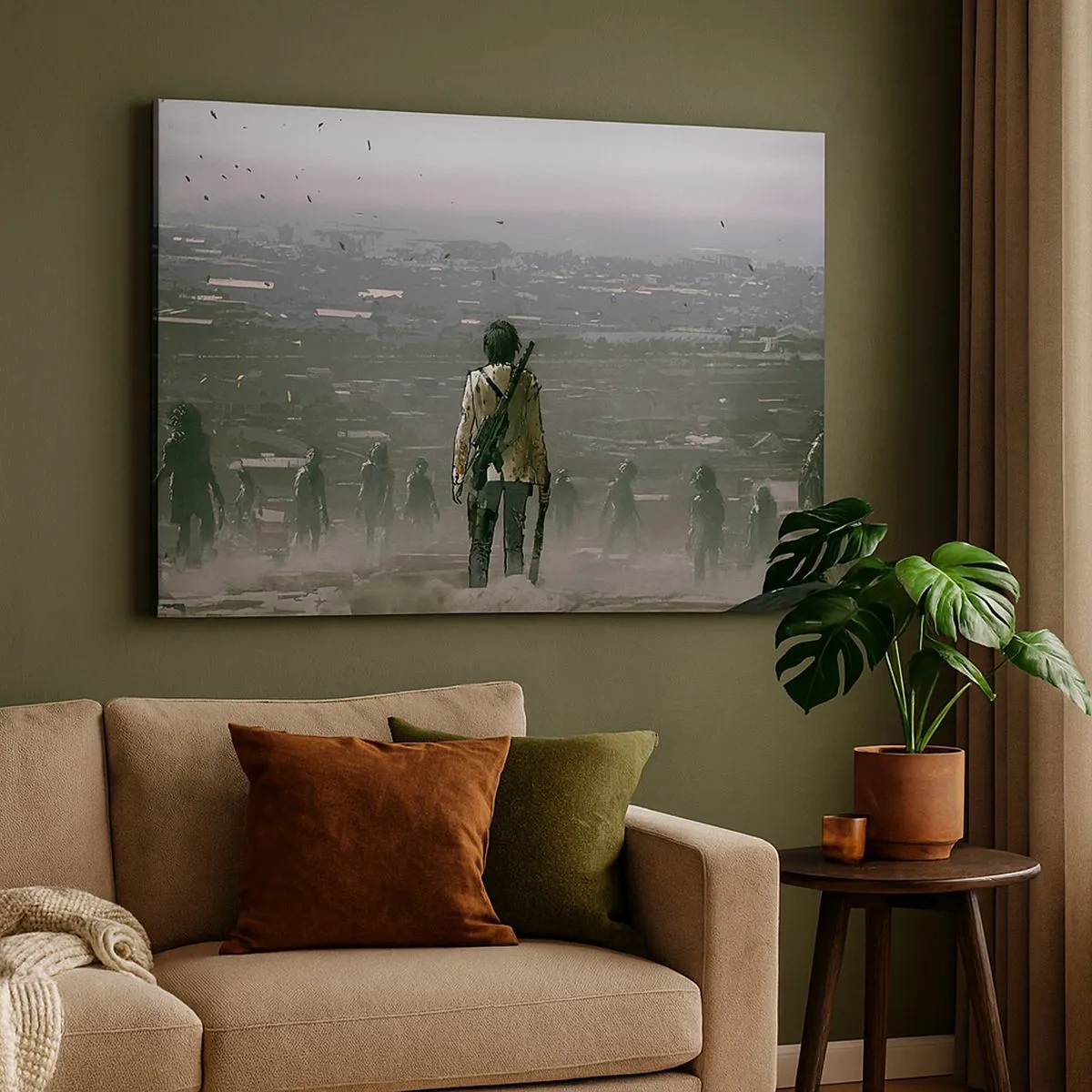Quadro em tela - Uma figura com uma arma está em frente a um grupo em uma paisagem distópica. - 70x50cm - O último justo? - Decoração de parede moderna para a sala de estar e quarto ARTTOR