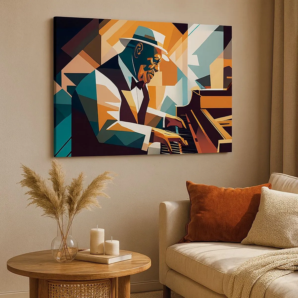 Quadro em tela - Músico abstrato tocando piano em cores quentes. - 70x50cm - Todo aquele jazz - Decoração de parede moderna para a sala de estar e quarto ARTTOR