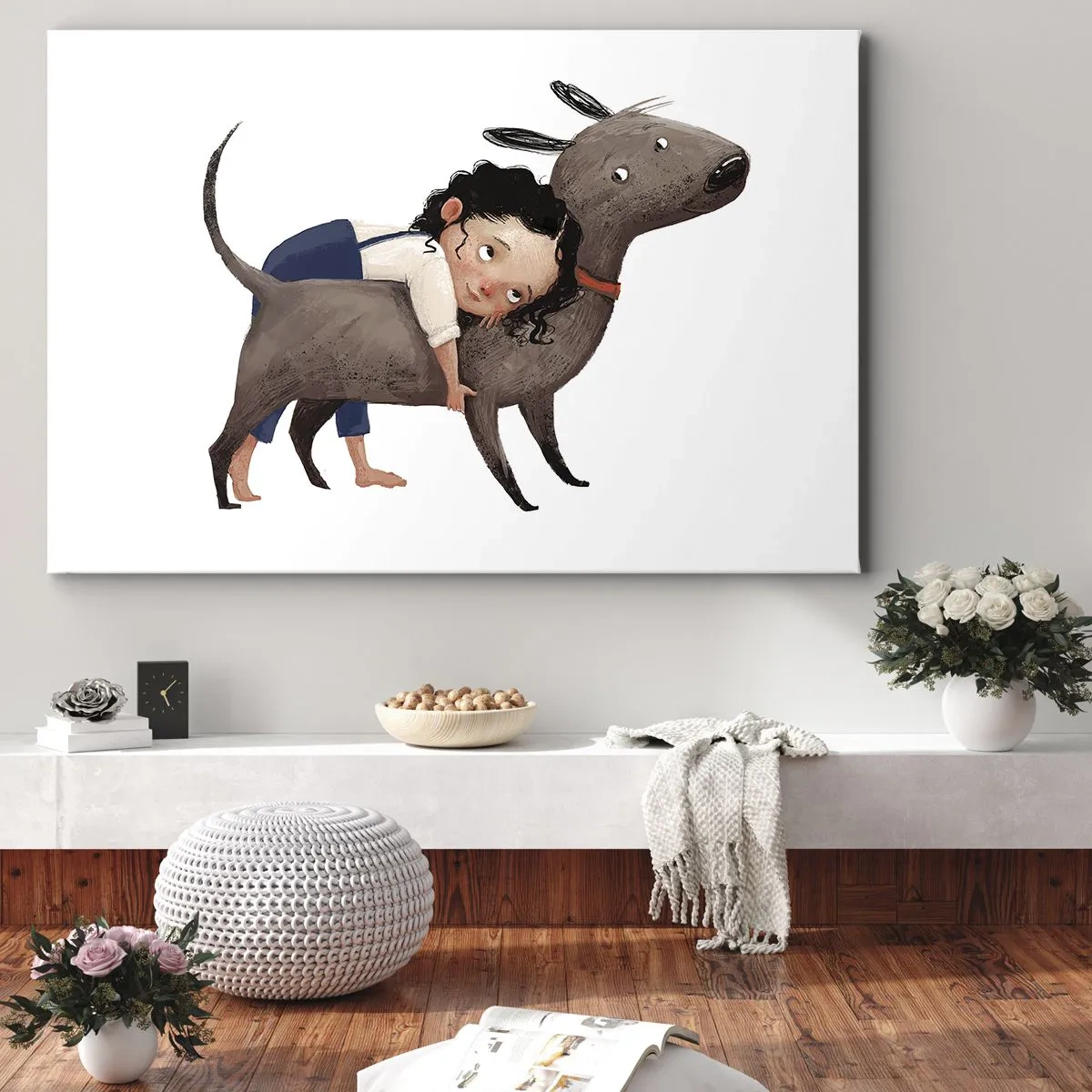 Quadro em tela - Ilustração em estilo cartoon de uma criança abraçando um cachorro - 70x50cm - Melhores amigos - Decoração de parede moderna para a sala de estar e quarto ARTTOR