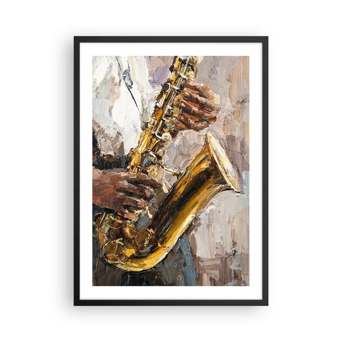 Pôster com moldura preta - Um saxofonista tocando em um estilo de pintura artística - 50x70cm - Hora do solo - Decoração de parede moderna para a sala de estar e quarto ARTTOR