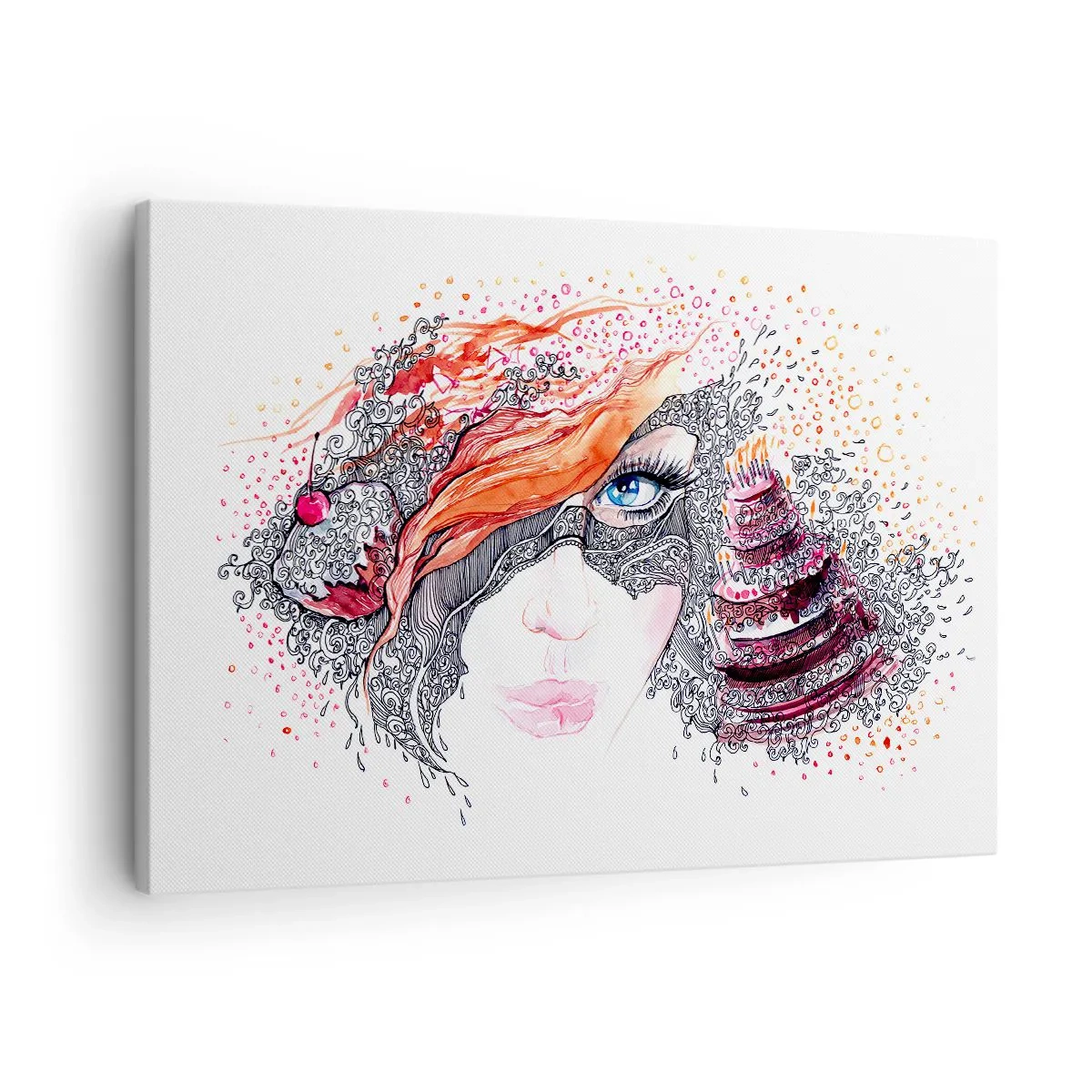 Quadro em tela - Retrato artístico de uma mulher com detalhes e um toque vermelho - 70x50cm - Com ela, todos os dias são dias de festa - Decoração de parede moderna para a sala de estar e quarto ARTTOR