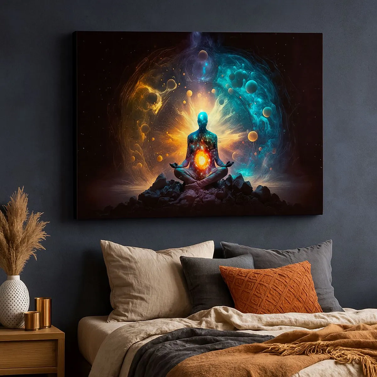 Quadro em tela - Uma figura em meditação cercada por uma aura cósmica - 70x50cm - Paz cósmica - Decoração de parede moderna para a sala de estar e quarto ARTTOR