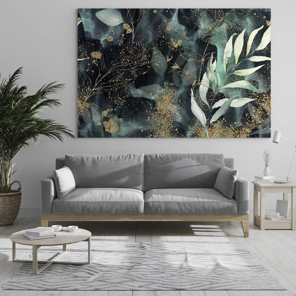 Quadro em vidro - Folhas douradas e verdes em um fundo escuro - 70x50cm - Jardim Mágico - Decoração de parede moderna para a sala de estar e quarto ARTTOR