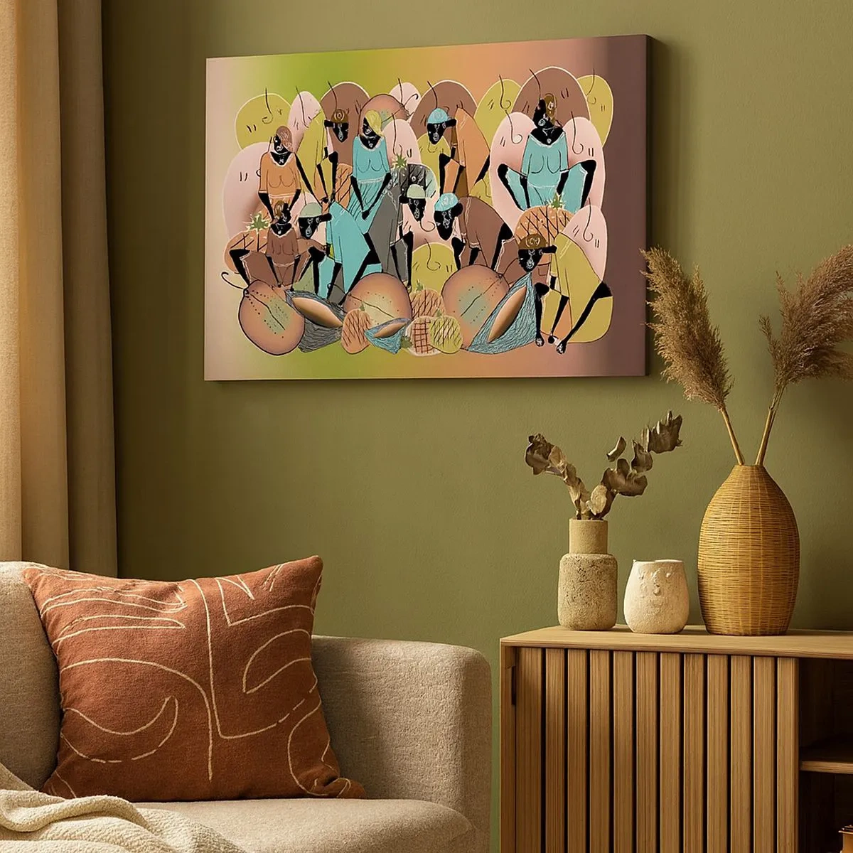 Quadro em tela - Uma composição abstrata colorida inspirada na cultura africana - 70x50cm - Uma grande festa se aproxima - Decoração de parede moderna para a sala de estar e quarto ARTTOR