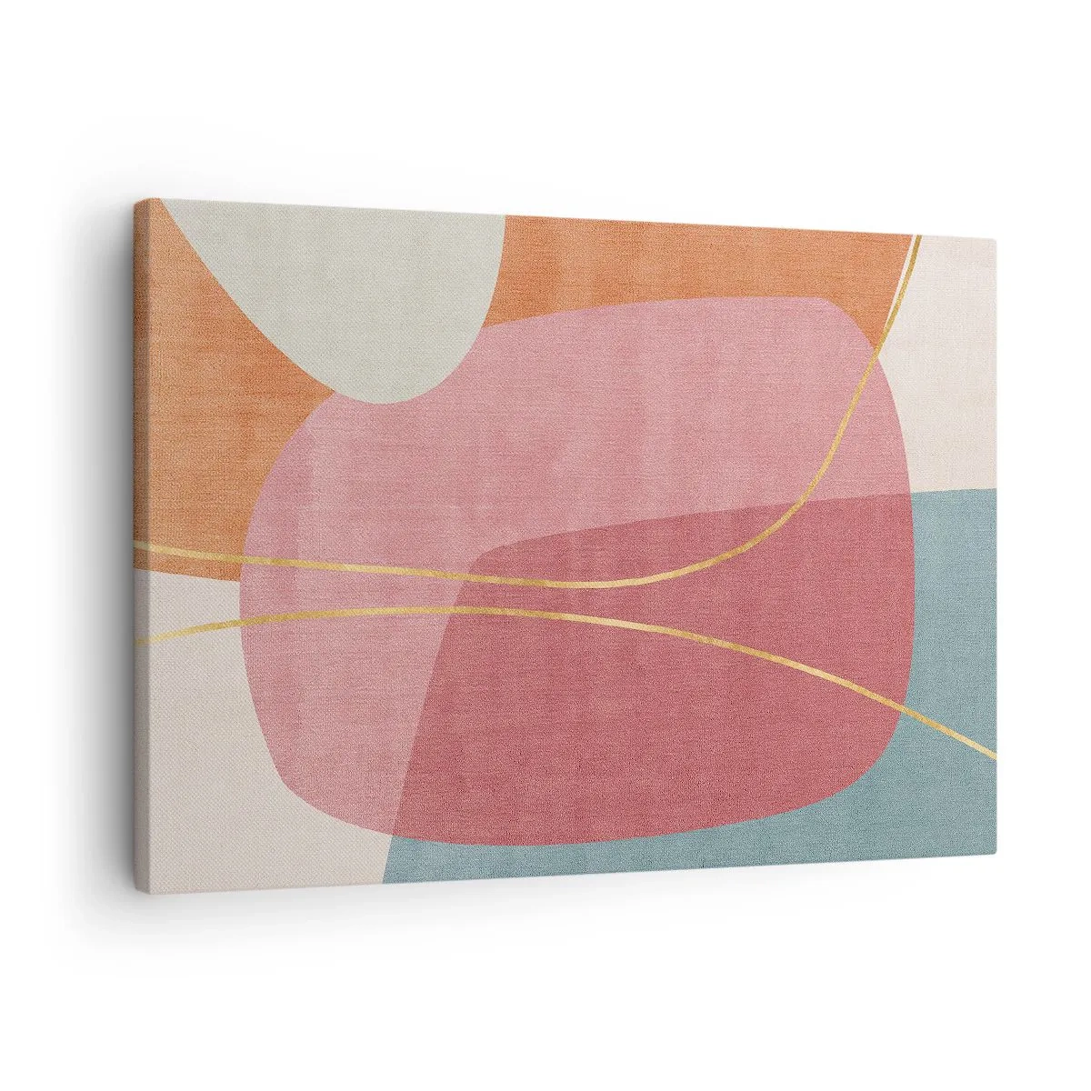 Quadro em tela - Formas abstratas em cores pastéis com linhas delicadas - 70x50cm - Composição pastel com fio dourado - Decoração de parede moderna para a sala de estar e quarto ARTTOR