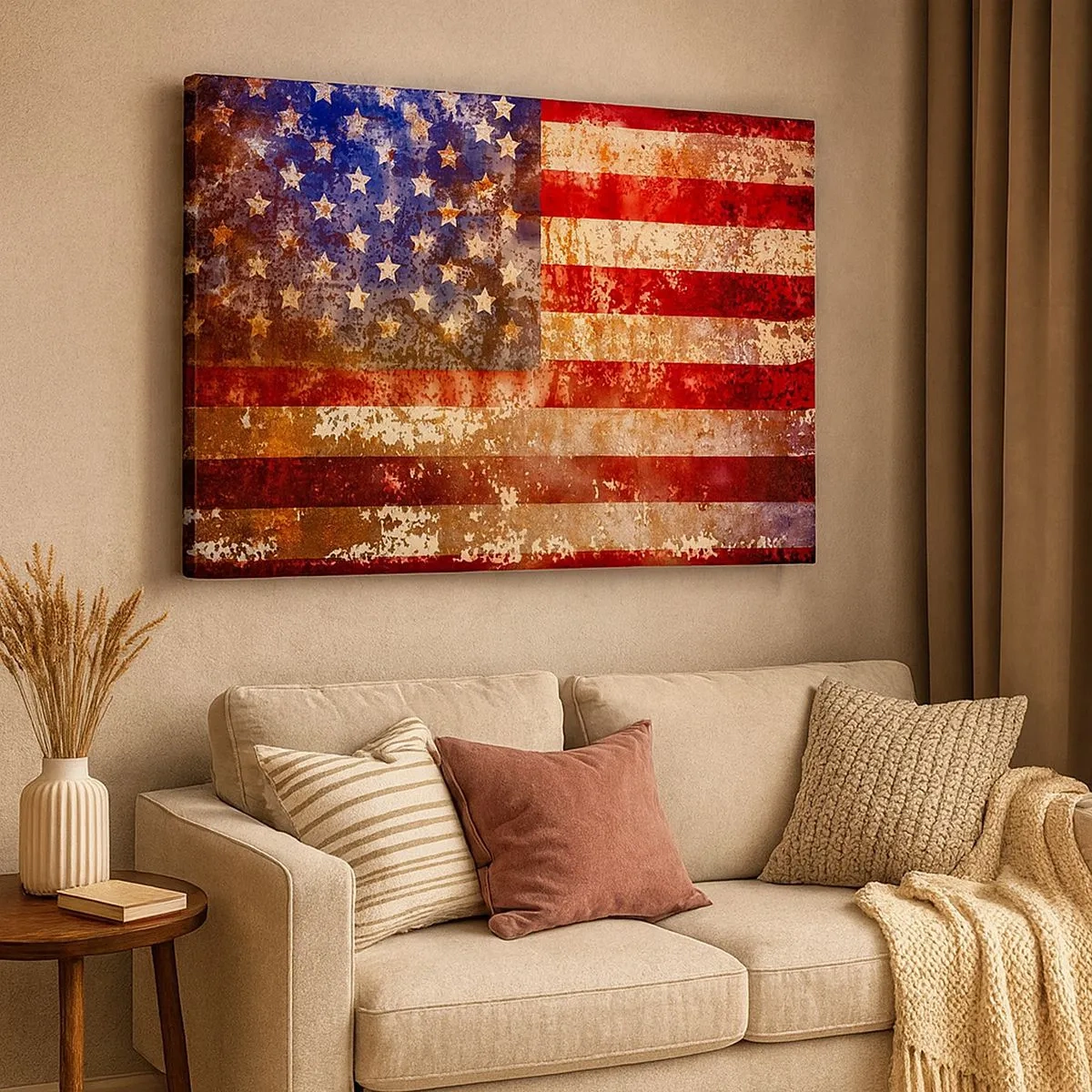 Quadro em tela - Bandeira dos EUA estilizada com efeito envelhecido - 70x50cm - A glória não será esquecida - Decoração de parede moderna para a sala de estar e quarto ARTTOR