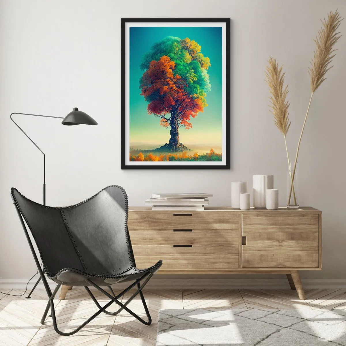 Pôster com moldura preta - Uma árvore com as cores das quatro estações - 50x70cm - Carvalho – o pai da natureza - Decoração de parede moderna para a sala de estar e quarto ARTTOR