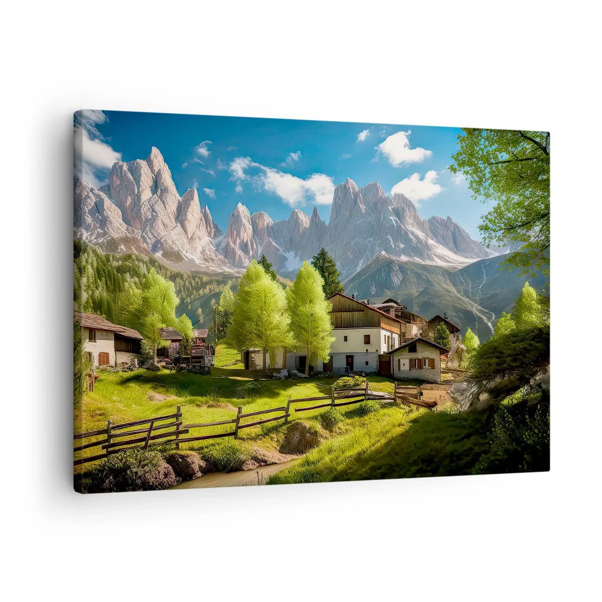 Quadro em tela - Uma vila na montanha com casas e vista para os Alpes - 70x50cm - Idílio alpino - Decoração de parede moderna para a sala de estar e quarto ARTTOR