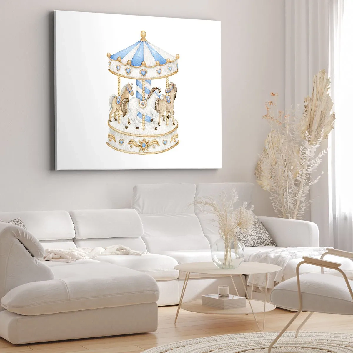 Quadro em tela - Um carrossel em cores pastel sobre fundo branco - 70x50cm - Doce infância - Decoração de parede moderna para a sala de estar e quarto ARTTOR