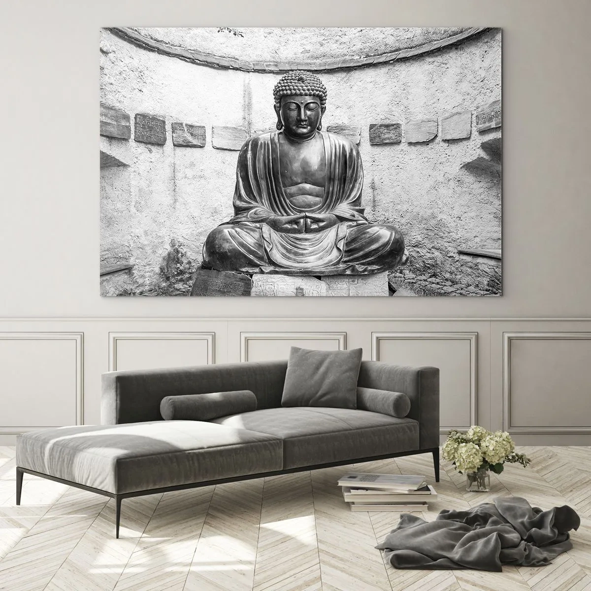 Quadro em vidro - Estátua de Buda em preto e branco em pose meditativa - 70x50cm - Na fonte da paz - Decoração de parede moderna para a sala de estar e quarto ARTTOR