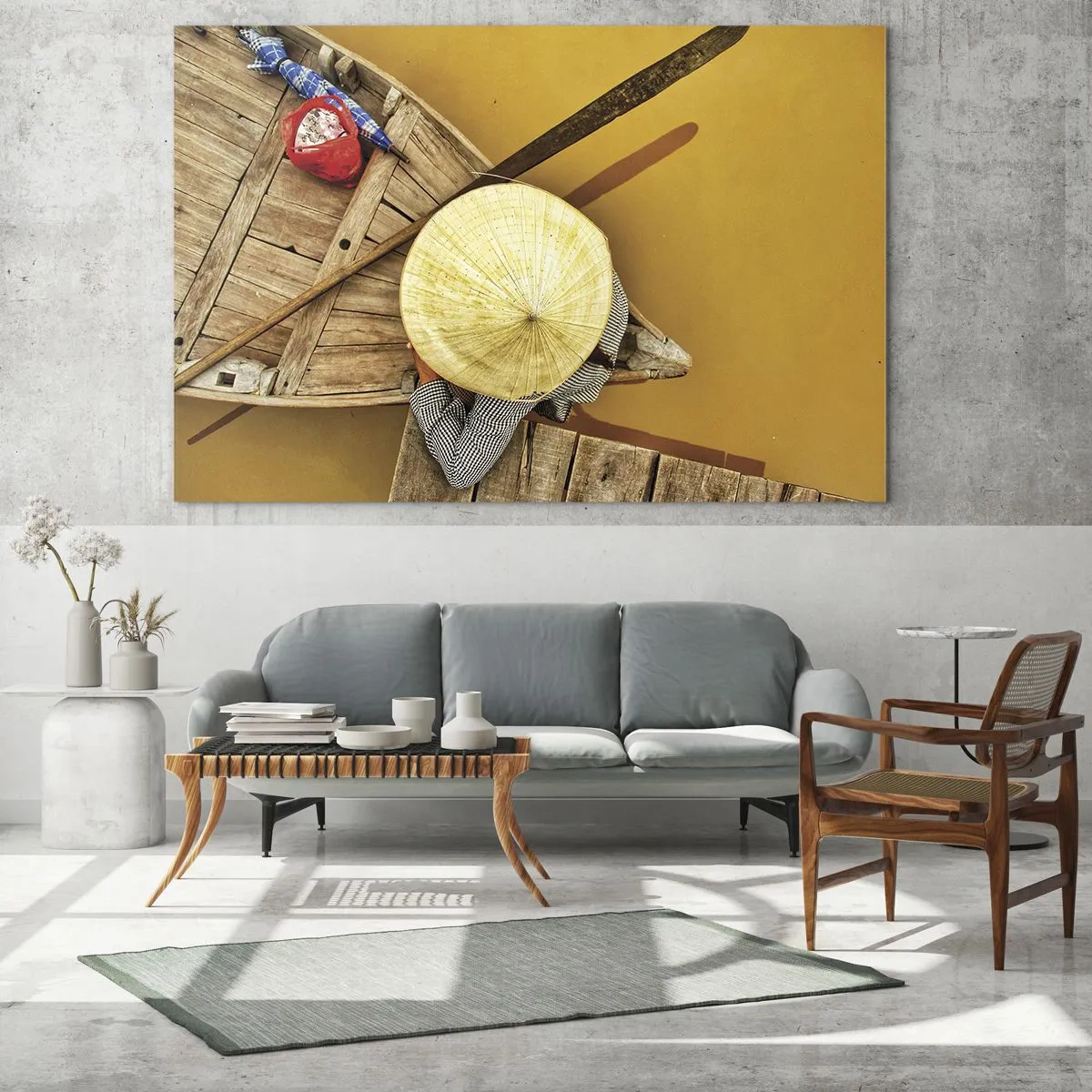 Quadro em vidro - Vista superior de um barco e uma pessoa usando um chapéu cônico - 70x50cm - A vida no rio amarelo - Decoração de parede moderna para a sala de estar e quarto ARTTOR