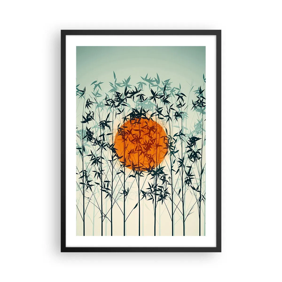 Pôster com moldura preta - O sol atrás dos galhos de bambu - 50x70cm - Sol japonês - Decoração de parede moderna para a sala de estar e quarto ARTTOR