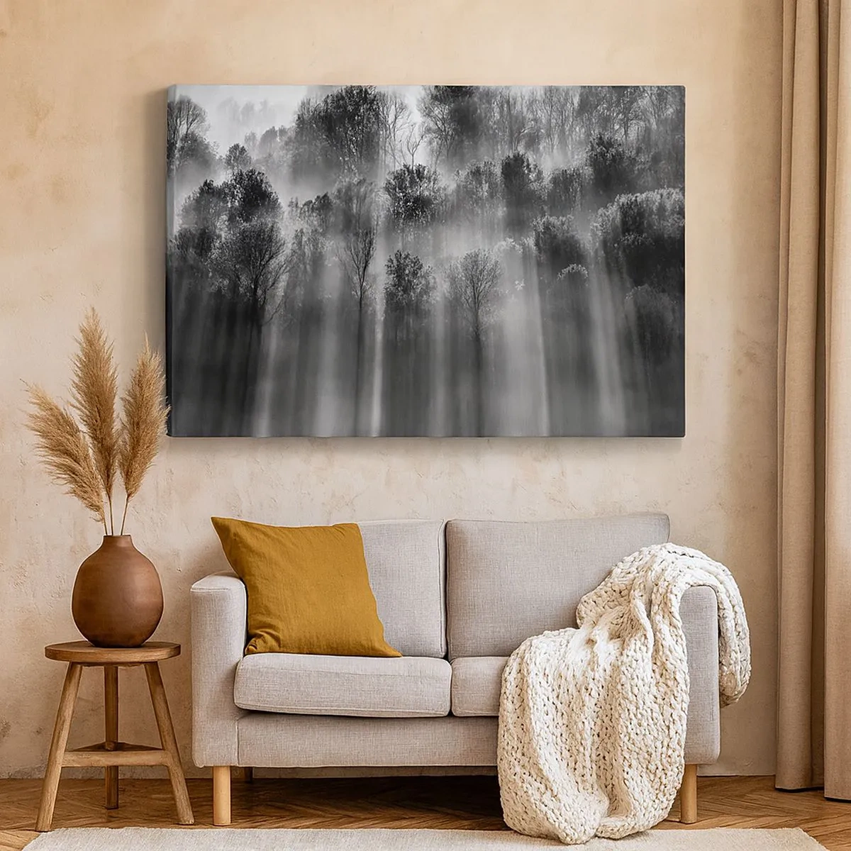 Quadro em tela - Floresta preta e branca na luz da manhã - 70x50cm - Em correntes de luz - Decoração de parede moderna para a sala de estar e quarto ARTTOR