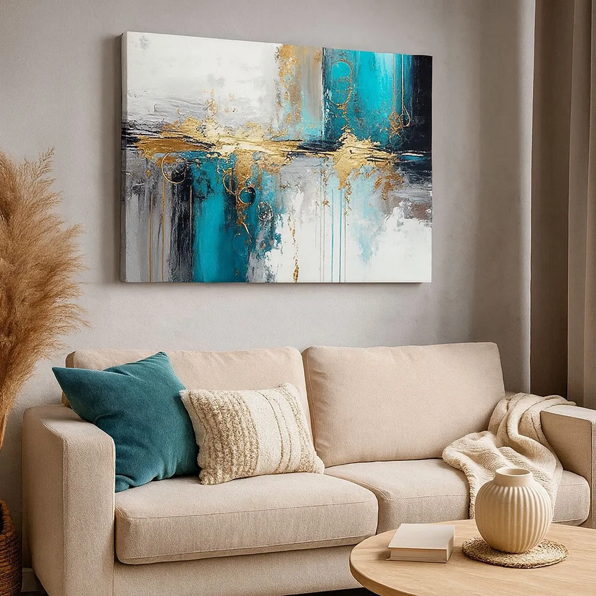 Quadro em tela - Uma composição abstrata com detalhes em turquesa e dourado. - 70x50cm - Tudo flui - Decoração de parede moderna para a sala de estar e quarto ARTTOR