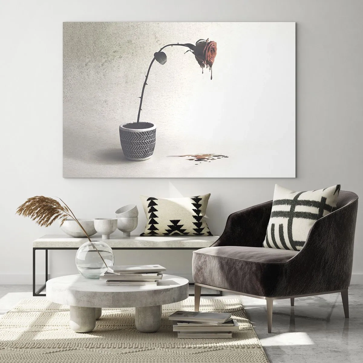 Quadro em vidro - Uma rosa simbólica em um vaso com tinta pingando - 70x50cm - Rosa dolorosa - Decoração de parede moderna para a sala de estar e quarto ARTTOR