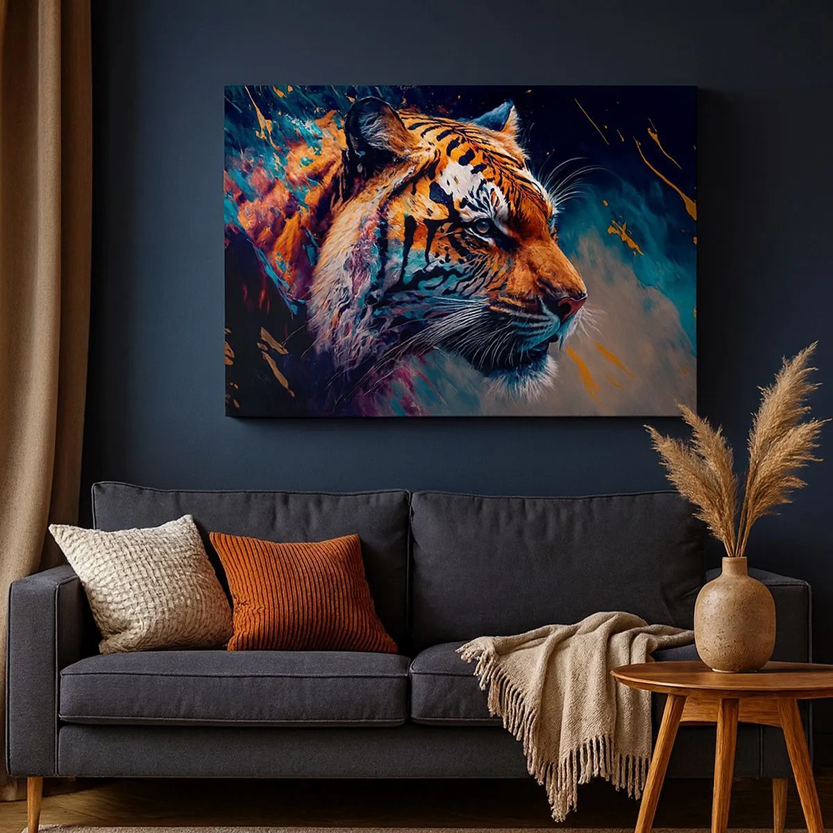 Quadro em tela - Retrato de um tigre em cores dinâmicas e abstratas - 70x50cm - Beleza selvagem - Decoração de parede moderna para a sala de estar e quarto ARTTOR