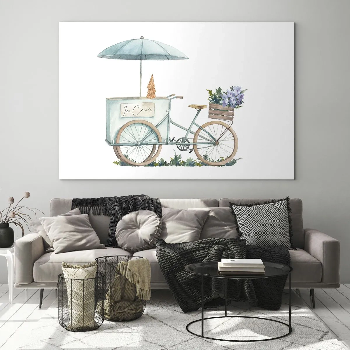 Quadro em vidro - Uma bicicleta com sorvete e flores em tons pastéis - 70x50cm - Doce lembrança do verão - Decoração de parede moderna para a sala de estar e quarto ARTTOR
