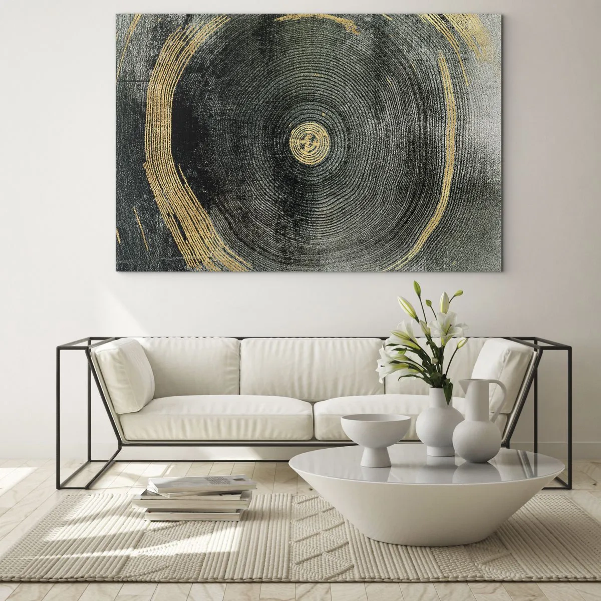 Quadro em vidro - Corte transversal de um tronco de árvore com detalhes e detalhes dourados - 70x50cm - Mudança e persistência - Decoração de parede moderna para a sala de estar e quarto ARTTOR