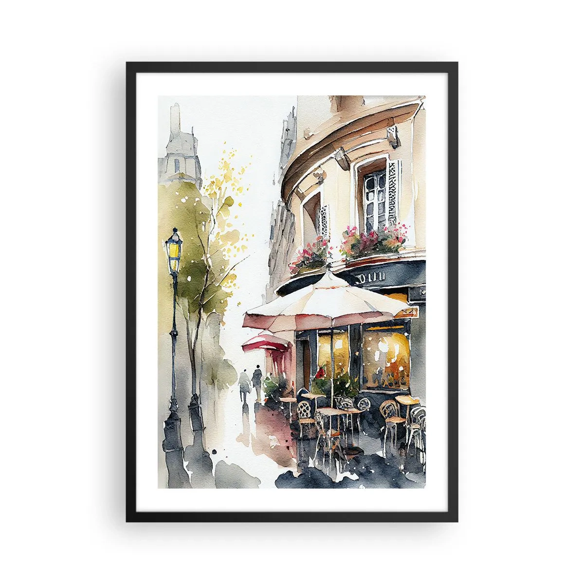 Pôster com moldura preta - Um café em uma rua pitoresca de estilo europeu - 50x70cm - Manhã parisiense - Decoração de parede moderna para a sala de estar e quarto ARTTOR