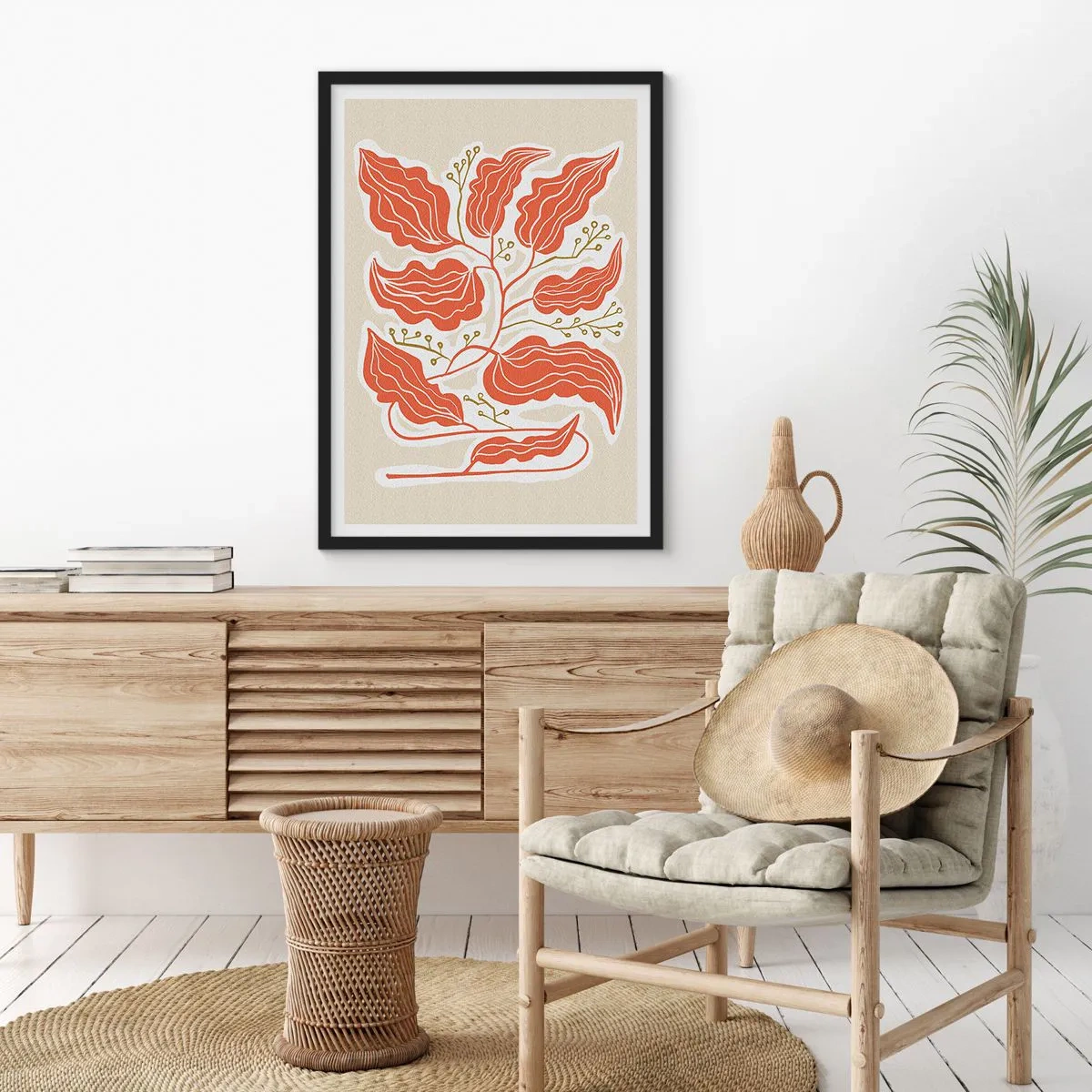 Pôster com moldura preta - Uma composição abstrata de folhas em tons de laranja e bege. - 50x70cm - Folclórico e coral - Decoração de parede moderna para a sala de estar e quarto ARTTOR