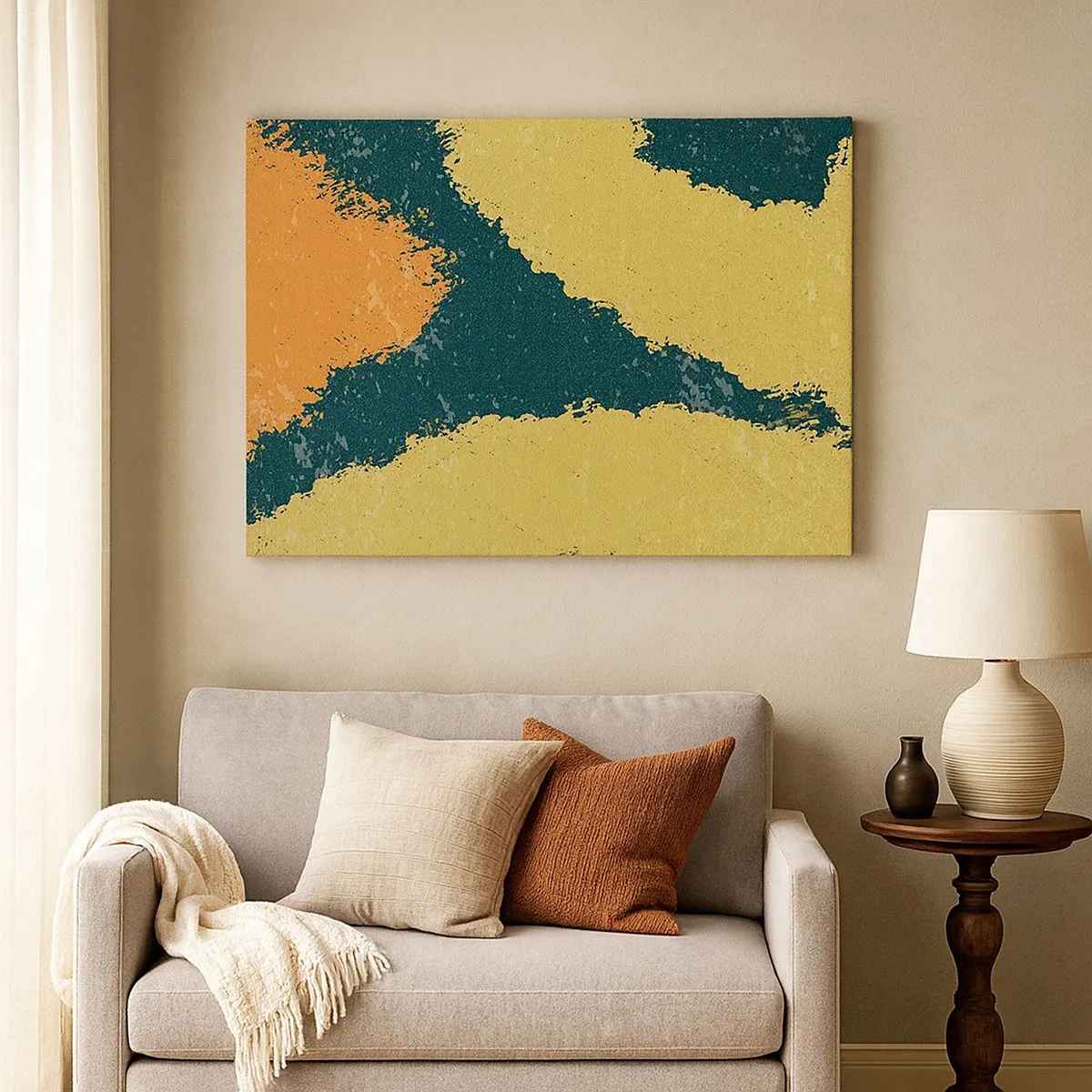 Quadro em tela - Manchas abstratas em cores terrosas e verdes - 70x50cm - Abstração – movimento lento - Decoração de parede moderna para a sala de estar e quarto ARTTOR