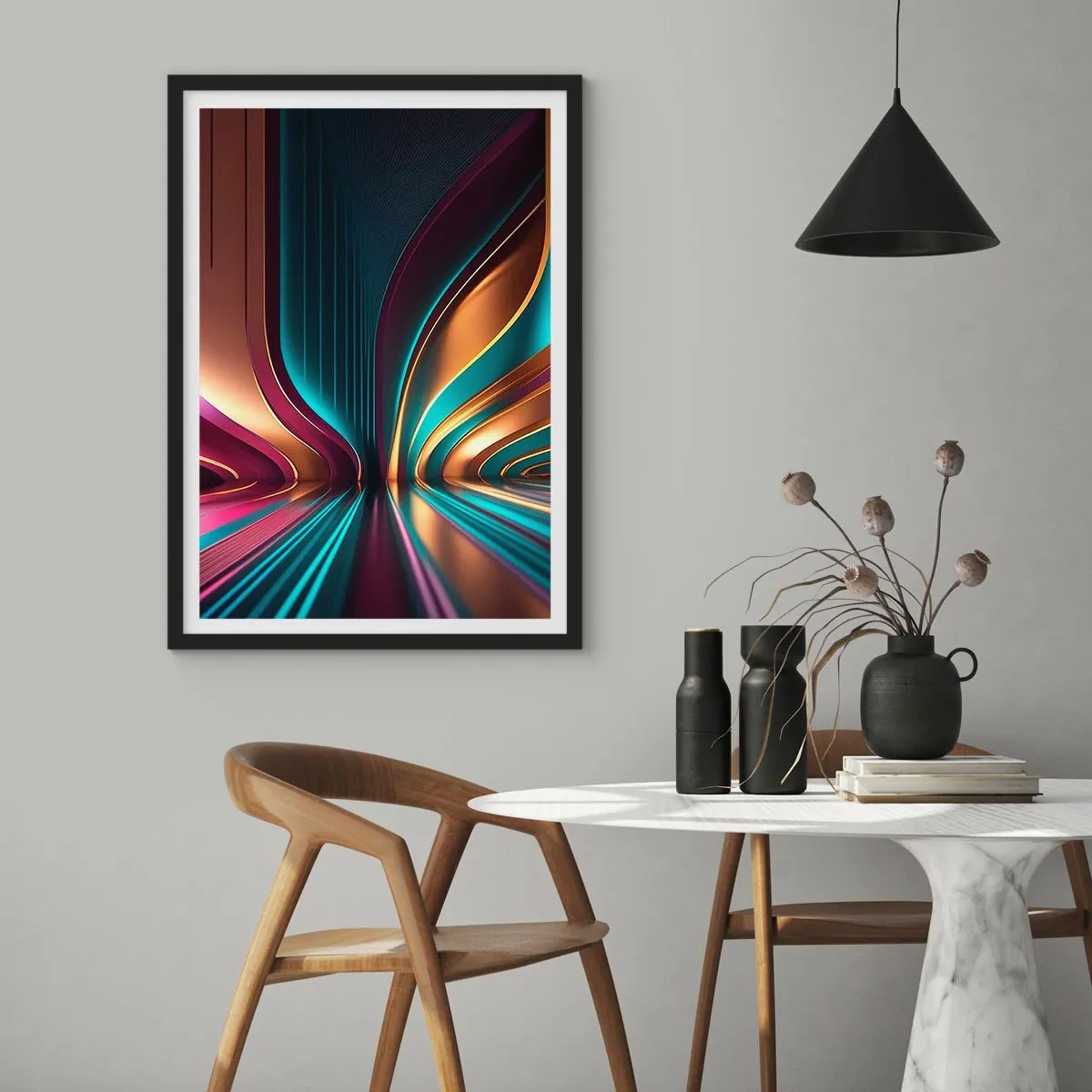 Pôster com moldura preta - Abstração futurista em cores douradas e turquesas - 50x70cm - Arquitetura de luz - Decoração de parede moderna para a sala de estar e quarto ARTTOR