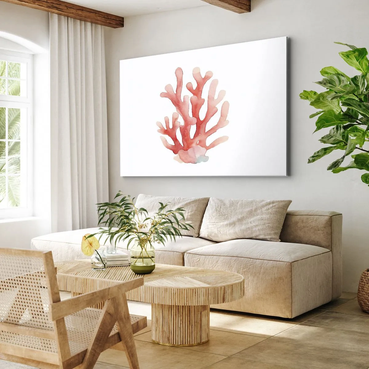 Quadro em tela - Uma ilustração sutil de coral em tons pastéis - 70x50cm - Coral de cor coral - Decoração de parede moderna para a sala de estar e quarto ARTTOR