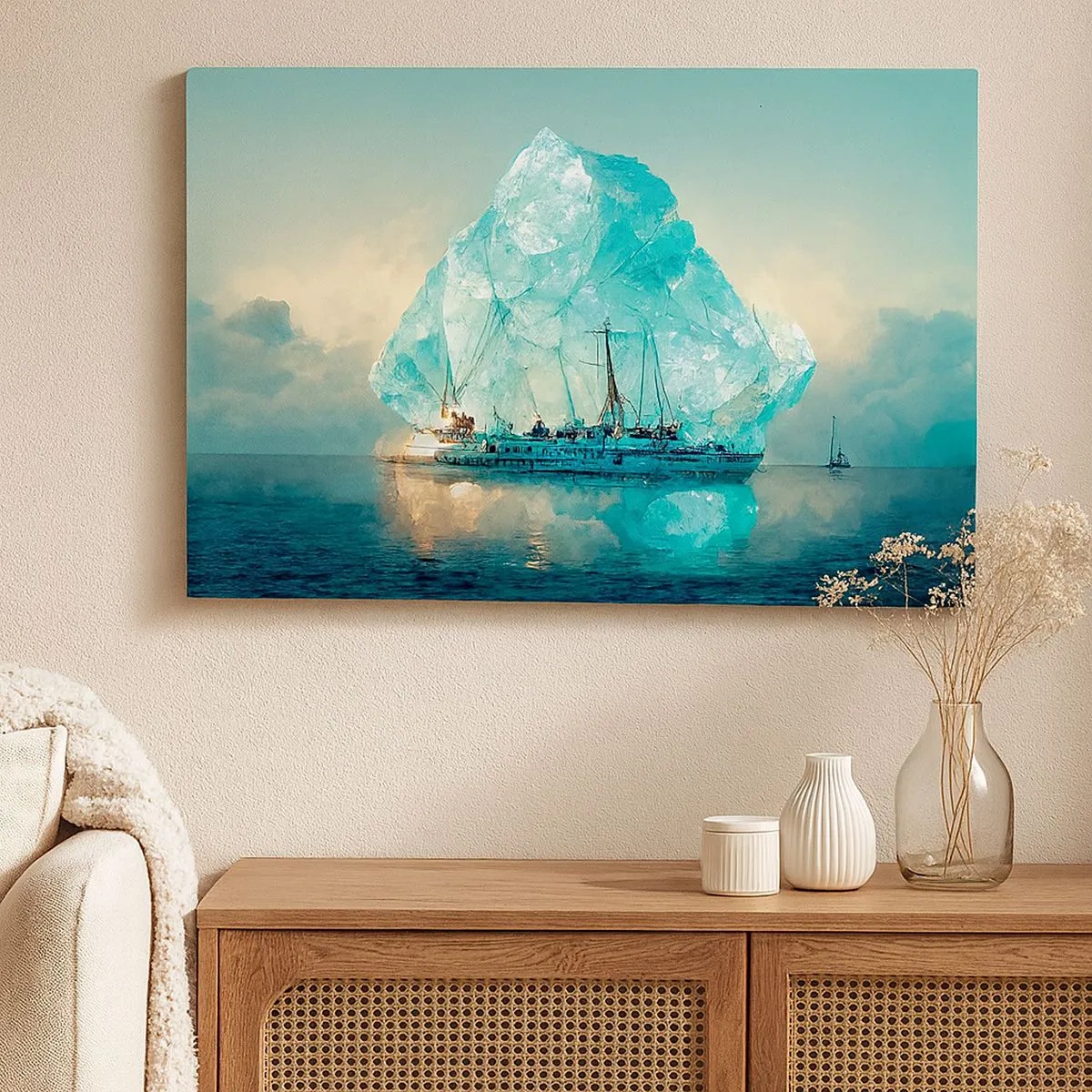Quadro em tela - Um navio com um iceberg majestoso ao fundo - 70x50cm - Diamante Ártico - Decoração de parede moderna para a sala de estar e quarto ARTTOR
