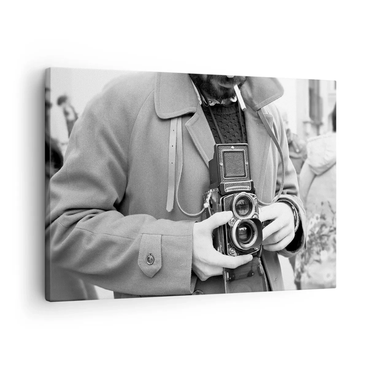 Quadro em tela - Foto em preto e branco de um homem com uma câmera retrô - 70x50cm - Estilo retro - Decoração de parede moderna para a sala de estar e quarto ARTTOR