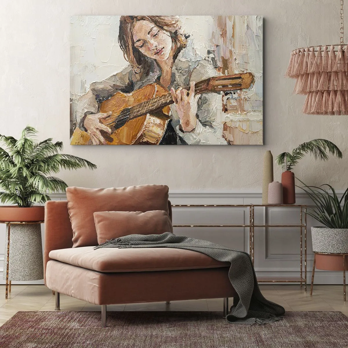 Quadro em tela - Retrato de uma menina tocando violão em estilo pictórico com cores quentes. - 70x50cm - Concerto de violão e coração de rapariga - Decoração de parede moderna para a sala de estar e quarto ARTTOR