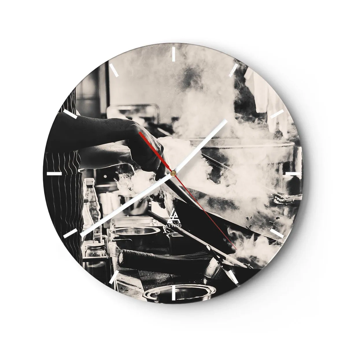 Relógio de parede - Relógio em vidro - Um chef trabalhando na cozinha cercado por vapor - 30x30cm - Alquimia de sabores - Decoração de parede moderna para a sala de estar, cozinha e quarto ARTTOR
