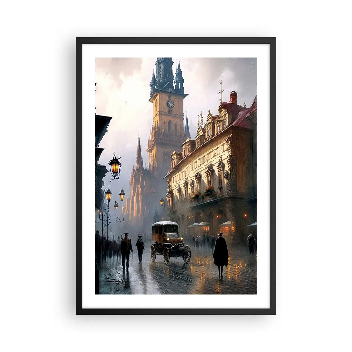 Pôster com moldura preta - Cidade histórica ao entardecer com um veículo histórico - 50x70cm - O encanto de uma noite em Praga - Decoração de parede moderna para a sala de estar e quarto ARTTOR