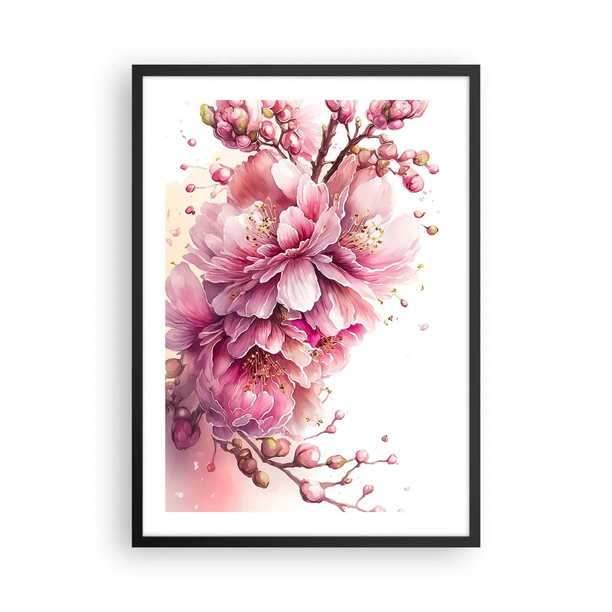 Pôster com moldura preta - Delicadas flores de cerejeira rosa em plena floração contra um fundo claro - 50x70cm - Flor de cerejeira - Decoração de parede moderna para a sala de estar e quarto ARTTOR